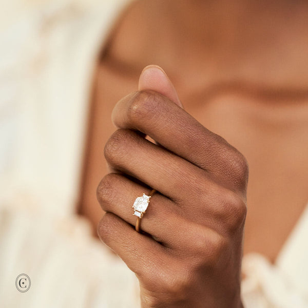On-body view of Heart's Light Three Stone Diamond Engagement Ring - 14k White Gold Polished Band