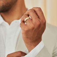 On-body shot of Hawthorn Bark Men's Wedding Ring - 14k Gold (Wide Band)