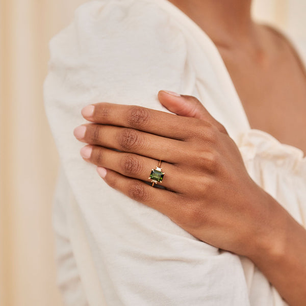 On-body shot of Hero Ring - 14k Polished Gold Green Tourmaline & Diamond Ring