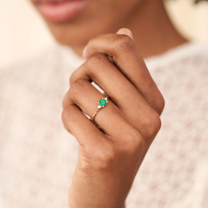 On-body shot of Love is All 0.5ct Emerald Engagement Ring - 14k White Gold Twig Band