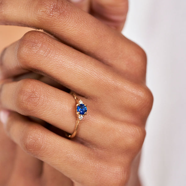 On-body view of Love is All 0.5ct Blue Sapphire Engagement Ring - 14k Gold Twig Band