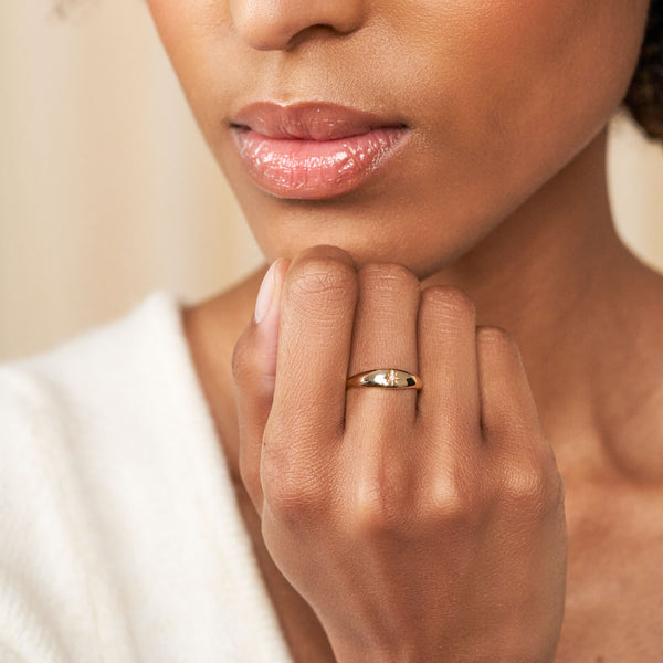 On-body view of North Star Diamond Tiny Signet Ring - 14k Gold