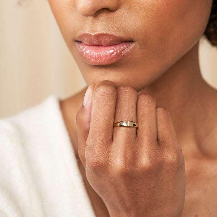 On-body shot of North Star - 14k White Gold Tiny Diamond Signet Ring