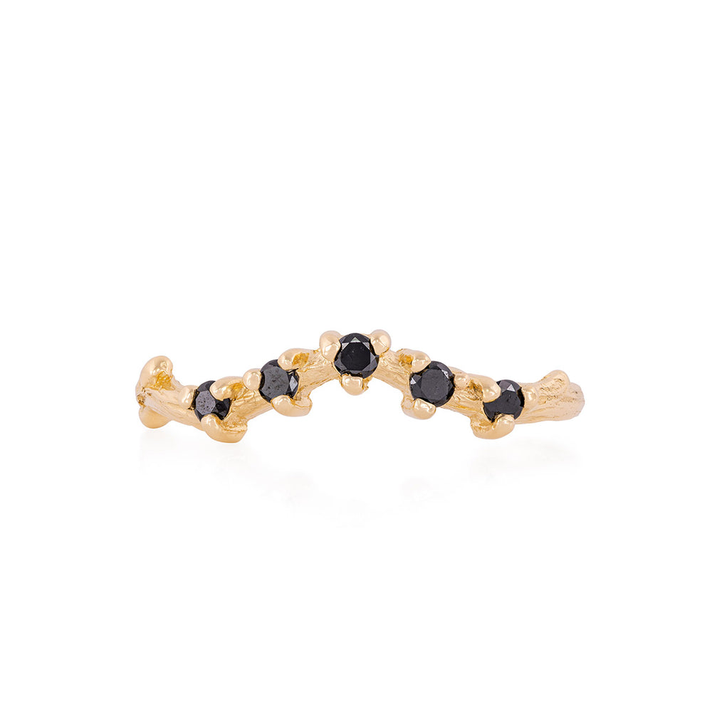 Crown of Sky - 14k Gold Twig Band Black Diamond Ring