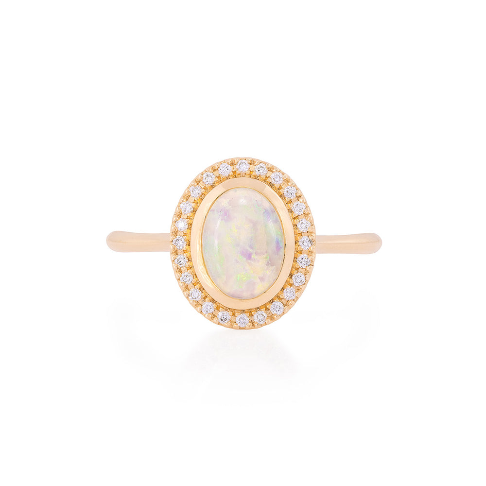 Luna - 14k Polished Gold Oval Halo Opal and Diamond Ring