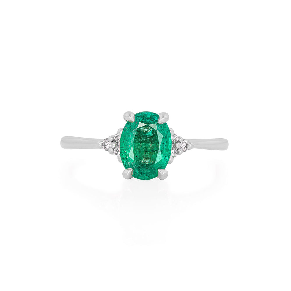 Dewlight 1ct Emerald Oval Engagement Ring - 14k White Gold Polished Band