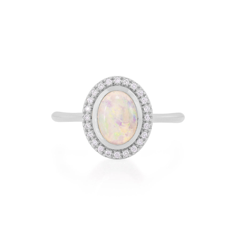 Luna - 14k Polished White Gold Oval Halo Opal and Diamond Ring