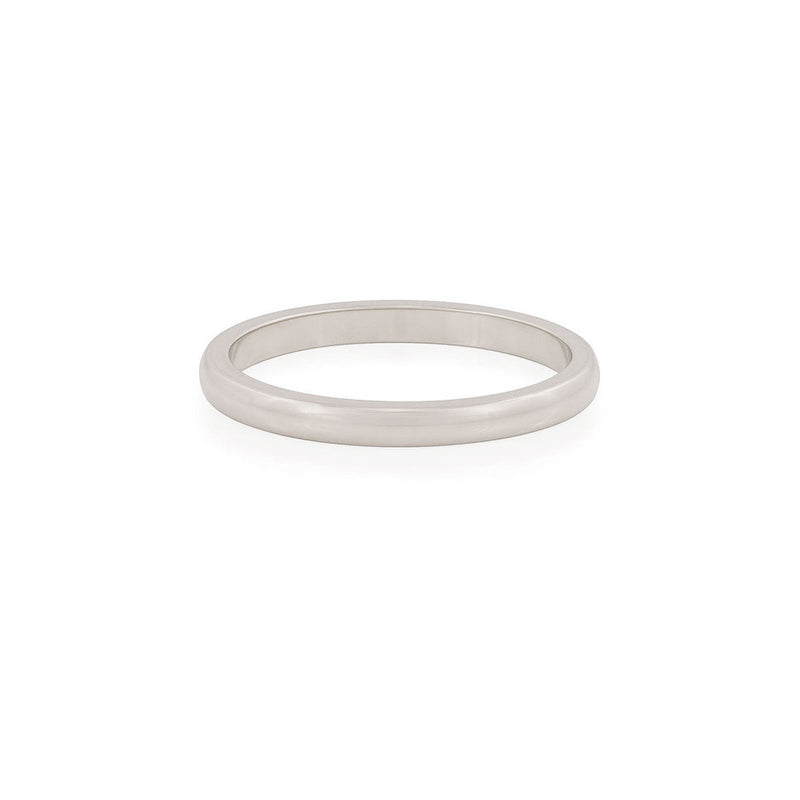 Front view of the Timeless Love 2mm Wedding Band in 14k white gold, a thin, polished wedding band.