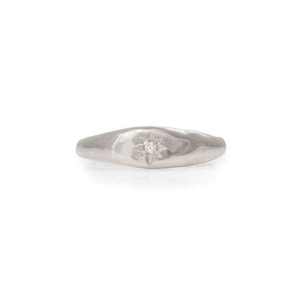 North Star Diamond Tiny Signet Ring - 14k White Gold